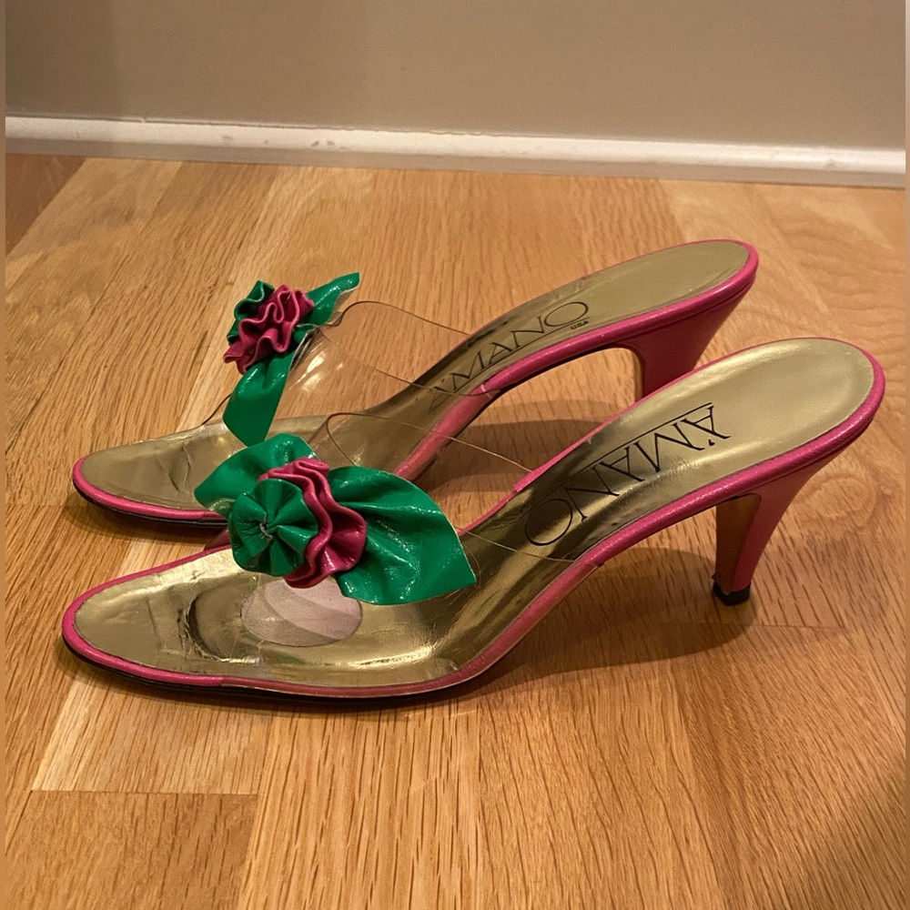 Amano Vintage Handmade Hot Pink Green Flower Clear Slide w H Pink Heel / Size 9N